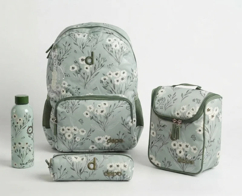Depo 4-Piece Floral School Backpack Set for Girls – 44 cm Backpack with Insulated Lunch Bag, Pencil Case & Water Bottle | Lightweight, Durable & School Ready