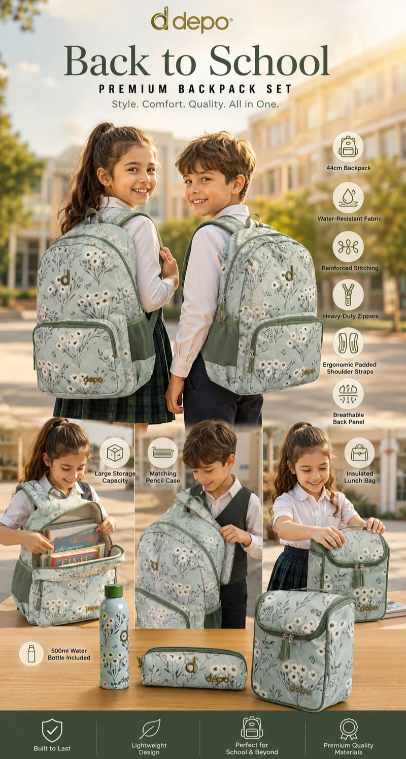 Depo 4-Piece Floral School Backpack Set for Girls – 44 cm Backpack with Insulated Lunch Bag, Pencil Case & Water Bottle | Lightweight, Durable & School Ready