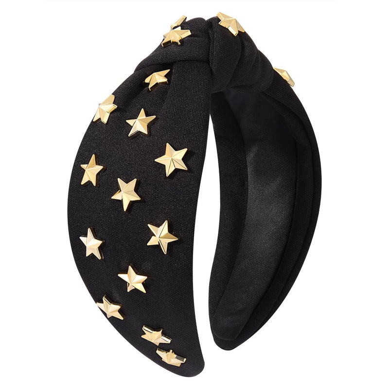 Star Knotted Headband Gold Stars Studded Wide Top Knot Headband Christmas New Year Holiday Hairband Headpiece Fashion Black Spring Summer Head Band Hair Accessories