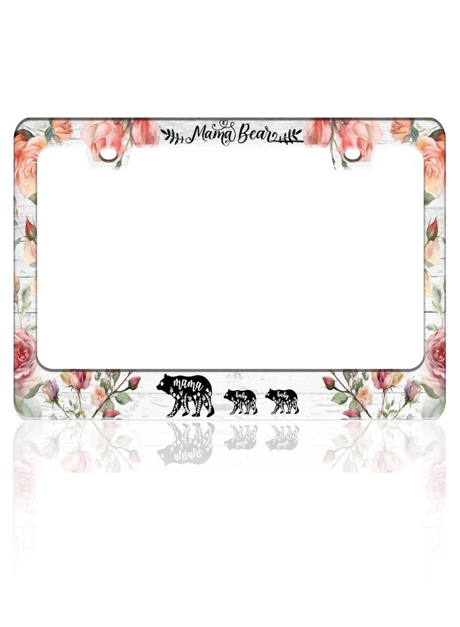 TINALUIN Mama Bear License Plate Frame Beautiful Flowers for Front and Rear Car Tags Stainless Steel License Plate Holder Funny Car Decoration with Screws 6.3 X 12.2 in - Image 1