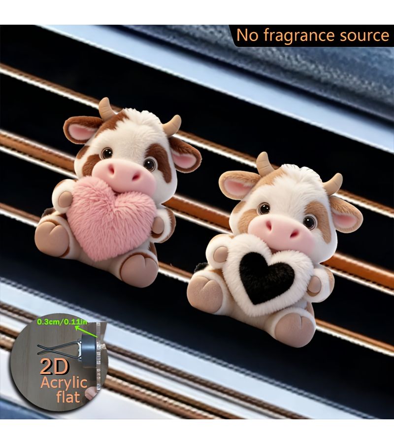 2Pcs 2D Flat Acrylic Car Air Vent Decoration Cute Little Cow Heart Shaped Pattern Car Air Freshener Fashionable Colorful Interior Decorates Lightweight Animal Theme