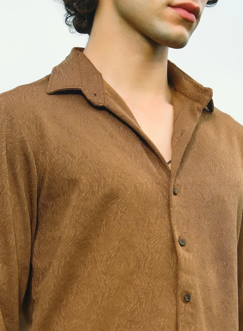 Campus Sutra Men's Russet Brown Crimp-Tactile Shirt