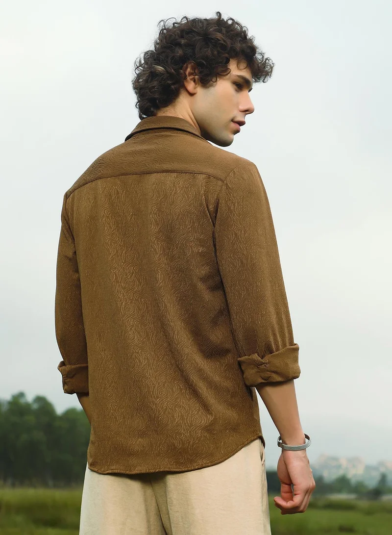 Campus Sutra Men's Russet Brown Crimp-Tactile Shirt