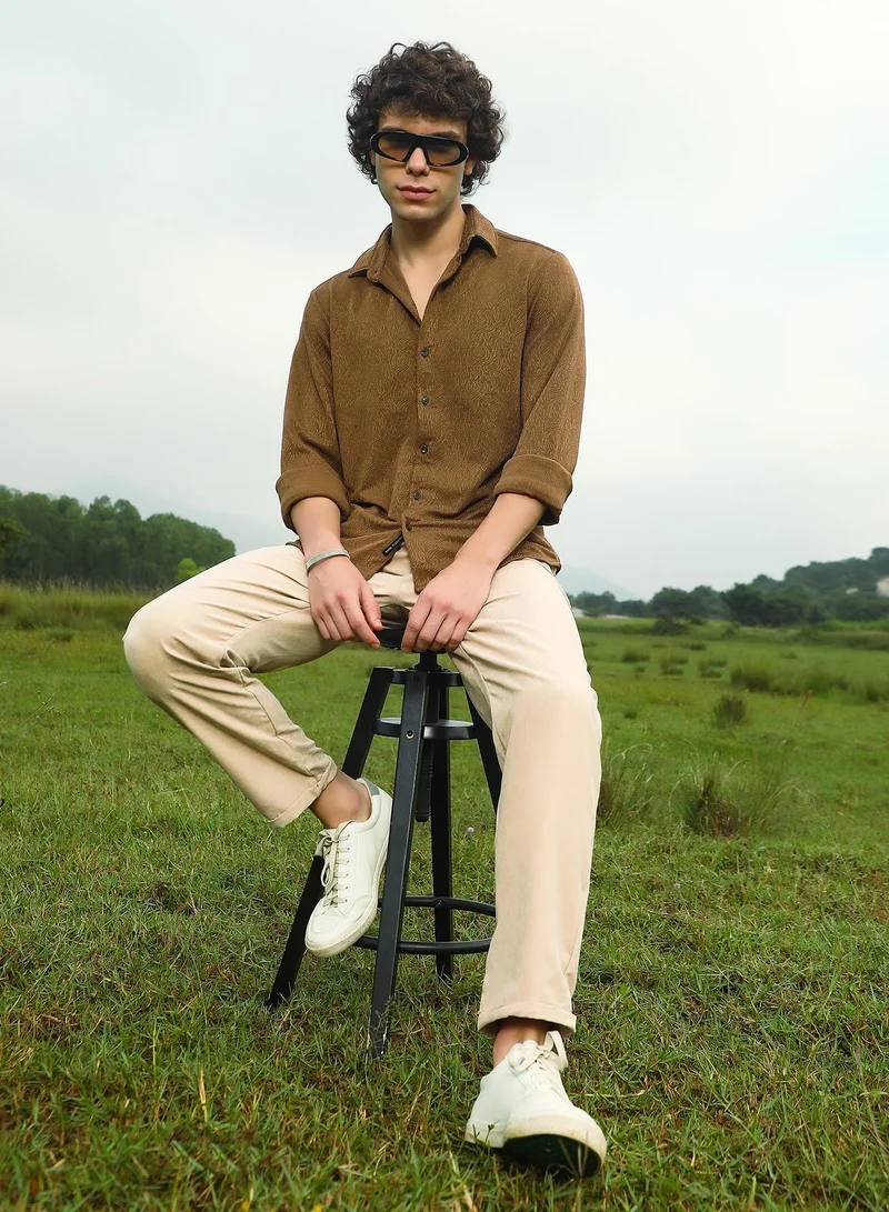 Campus Sutra Men's Russet Brown Crimp-Tactile Shirt