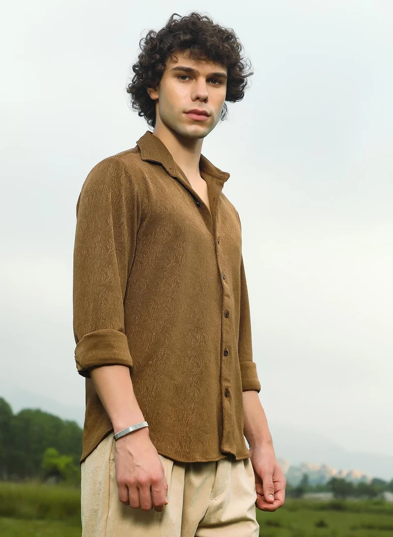 Campus Sutra Men's Russet Brown Crimp-Tactile Shirt