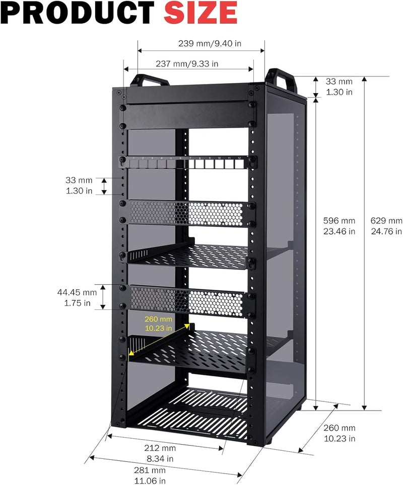 12U Server Cabinet, 10 inch Server Rack for Network, Servers, Audio, and Video Equipment, DeskPi RackMate T2 Rackmount, 10.23 inch Depth (Black) - Image 2