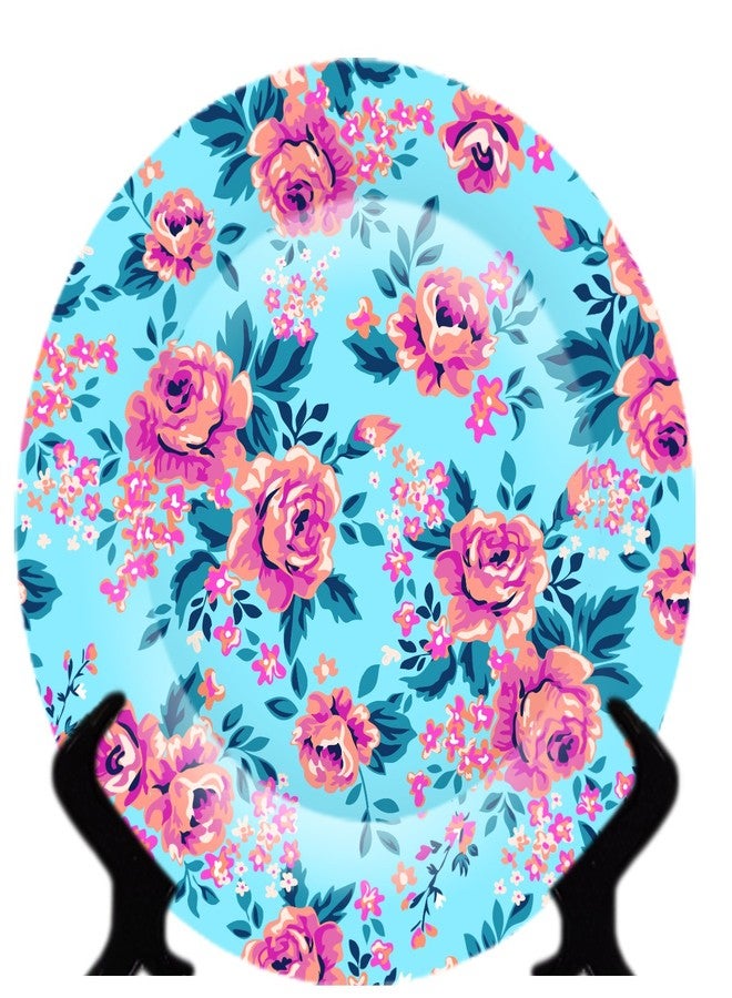 JIKRAA® Rare Handcrafted Blue/Pink Floral Design Ceramic Designer Plate/Platter with Stand, Decorative Plates for Living Room, Decorative Plates for Home - Image 1