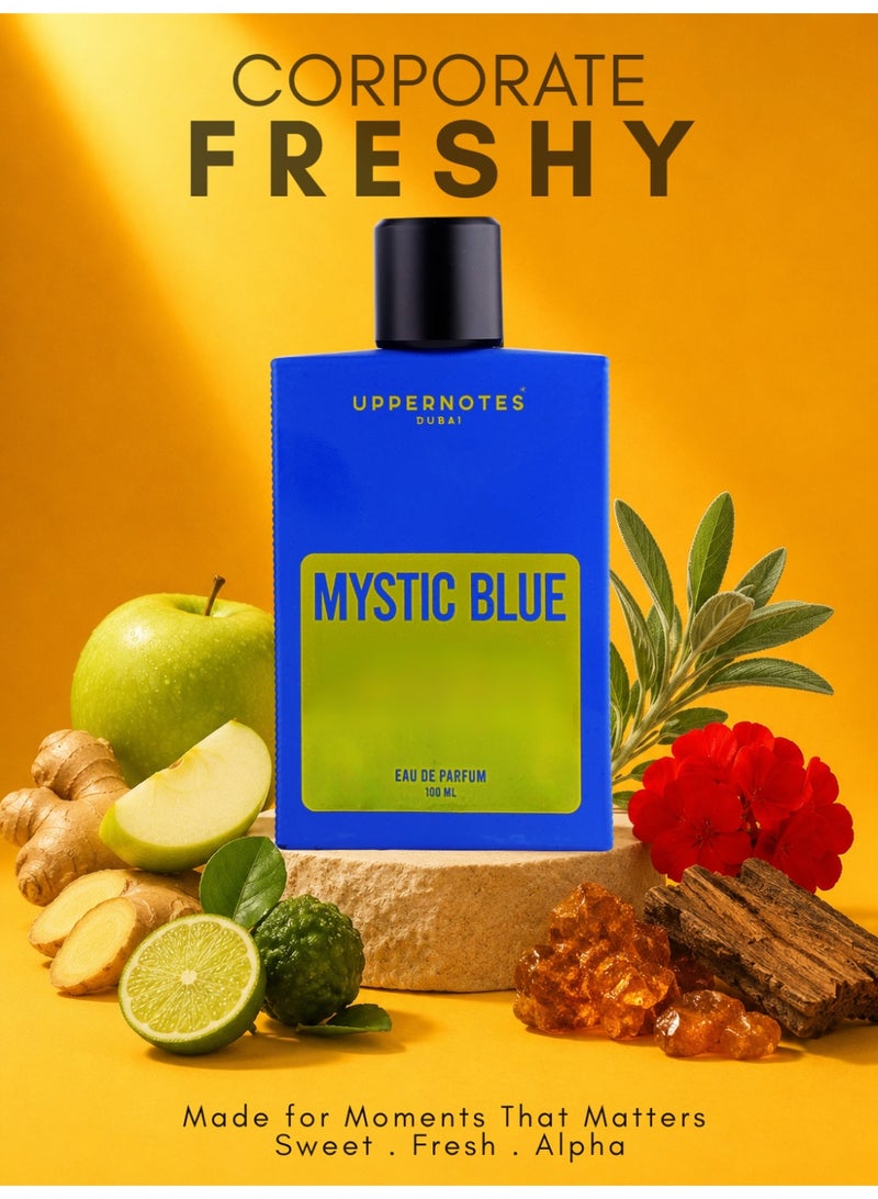 UpperNotes Mystic Blue EDP Men Perfume 100ml | Apple Bergamot Sage Tonka Cedar Vetiver | Fresh Masculine Long Lasting Modern Fragrance UAE - Image 1