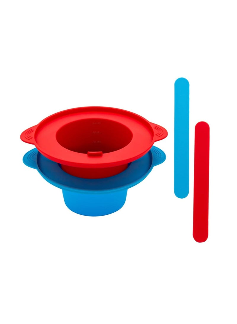 Captaintech 2 Pcs Silicone Wax Warmer Liner, Silicone Wax Bowl for Wax Warmer, Reuse Wax Melt Warmer Wax Pot Replacement, Non-Stick Wax Melt Liner with 2 Pcs Wax Spatula Sticks for Hair Removal (Blue, Red) - Image 1