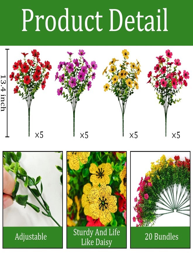 Cherica 20 Pcs Artificial Flowers for Outdoors Fake Flowers UV Resistant, Artificial Plants Outdoor Indoor Faux Plastic Fake Plants for Planter Front Door Garden Porch Yard Home Decor(Pink Red Purple Yellow) - Image 3