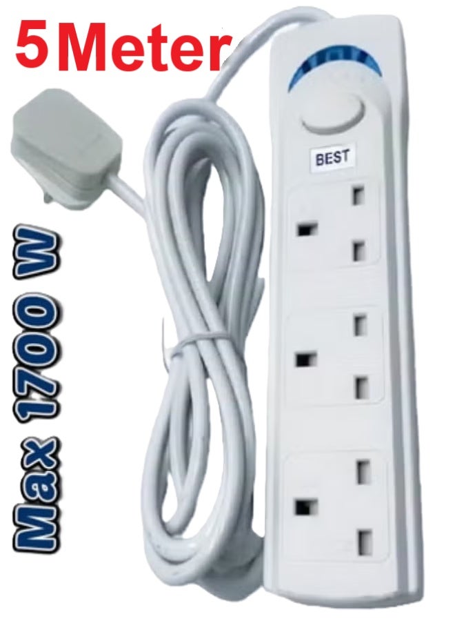 5M Power Strip Multi Extension Cord 3-Way 5 Meter,3-Outlets Extra Long Cable ,Power Socket Extension For Home,Office,Kitchen and Travel (White) ((5Meter)) ((Multi))