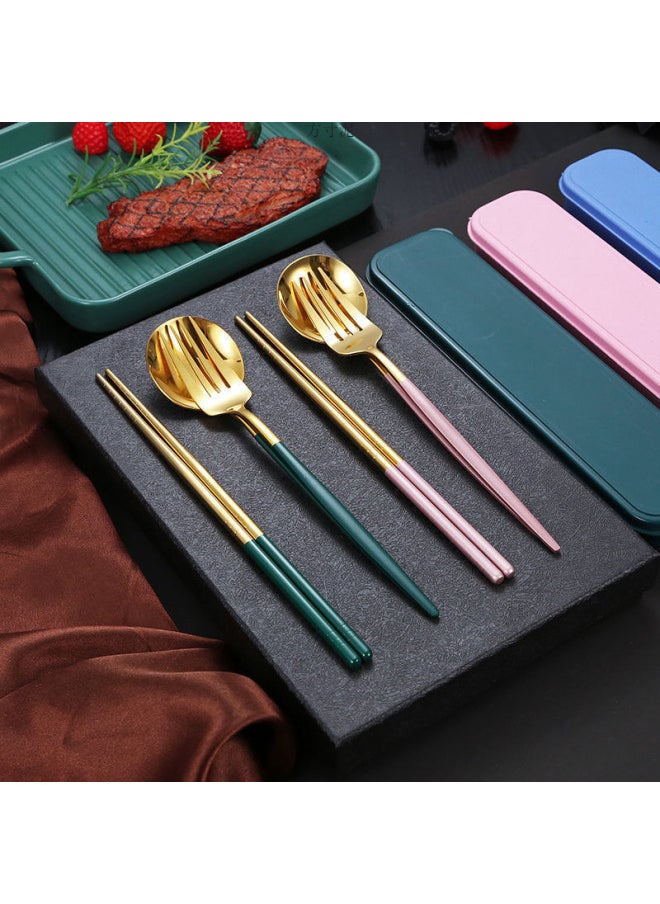 Stainless Steel Portable Tableware Chopsticks Spoon Fork Three-piece Set Student Travel Tableware Suit Single Convenient Box-Specifications:Pink With Gold (best-selling Model) - Silver Chopsticks (no Anti-slip Pattern)