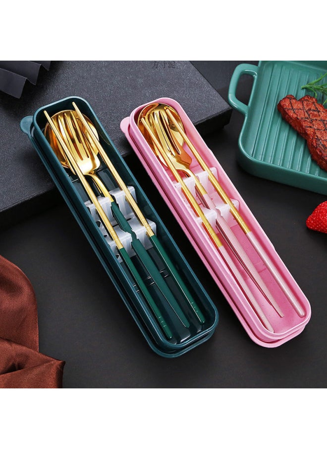 Stainless Steel Portable Tableware Chopsticks Spoon Fork Three-piece Set Student Travel Tableware Suit Single Convenient Box-Specifications:Pink With Gold (best-selling Model) - Silver Chopsticks (no Anti-slip Pattern)