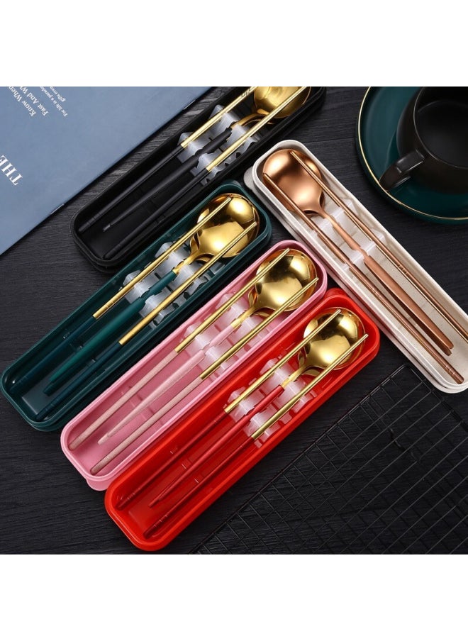 Stainless Steel Portable Tableware Chopsticks Spoon Fork Three-piece Set Student Travel Tableware Suit Single Convenient Box-Specifications:Pink With Gold (best-selling Model) - Silver Chopsticks (no Anti-slip Pattern)