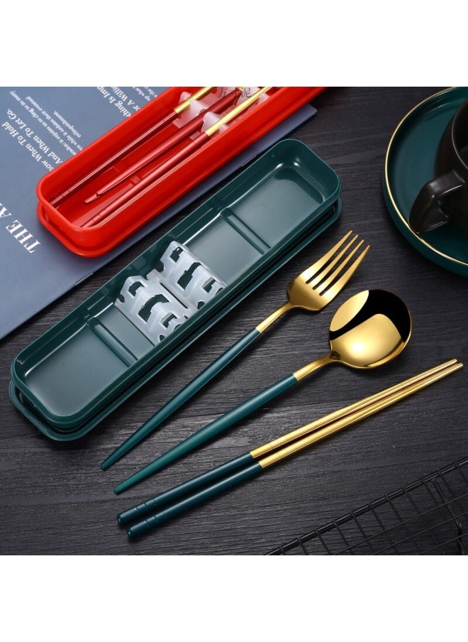 Stainless Steel Portable Tableware Chopsticks Spoon Fork Three-piece Set Student Travel Tableware Suit Single Convenient Box-Specifications:Pink With Gold (best-selling Model) - Silver Chopsticks (no Anti-slip Pattern)