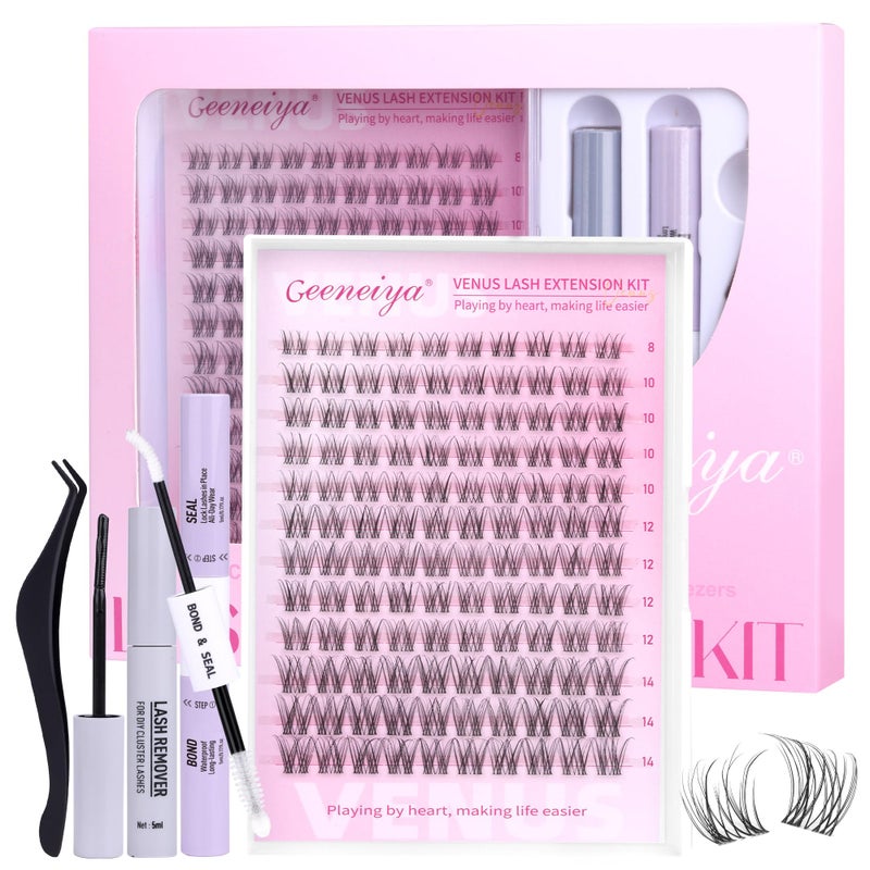 Geeneiya Venus Lashes Clusters Kit DIY Lash Extension, 8-14MM Invisible Lash Clusters, Soft Band Cluster Eyelash Extensions Kit with Waterproof Lash Bond and Seal, Lash Remover, Tweezers for Beginners - Image 1
