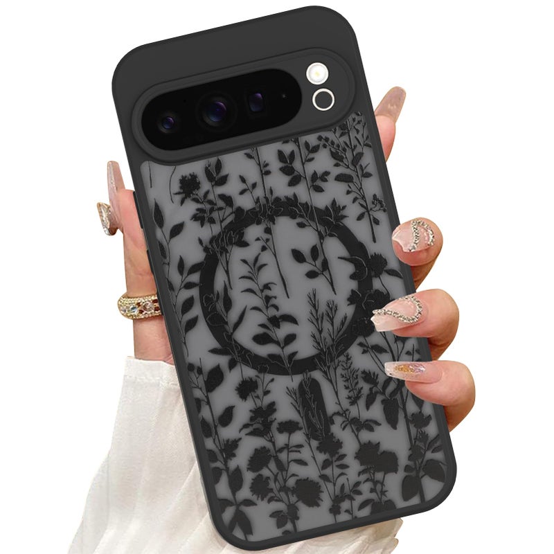 ZIYE حافظة مغناطيسية ZIYE لجهاز Google Pixel 9 Pro XL [متوافقة مع MagSafe] تصميم مزهر باللون الأسود حافة TPU ناعمة حماية مضادة للصدمات ظهر صلب غير لامع لجهاز Pixel 9 Pro XL, زهرة - Image 1