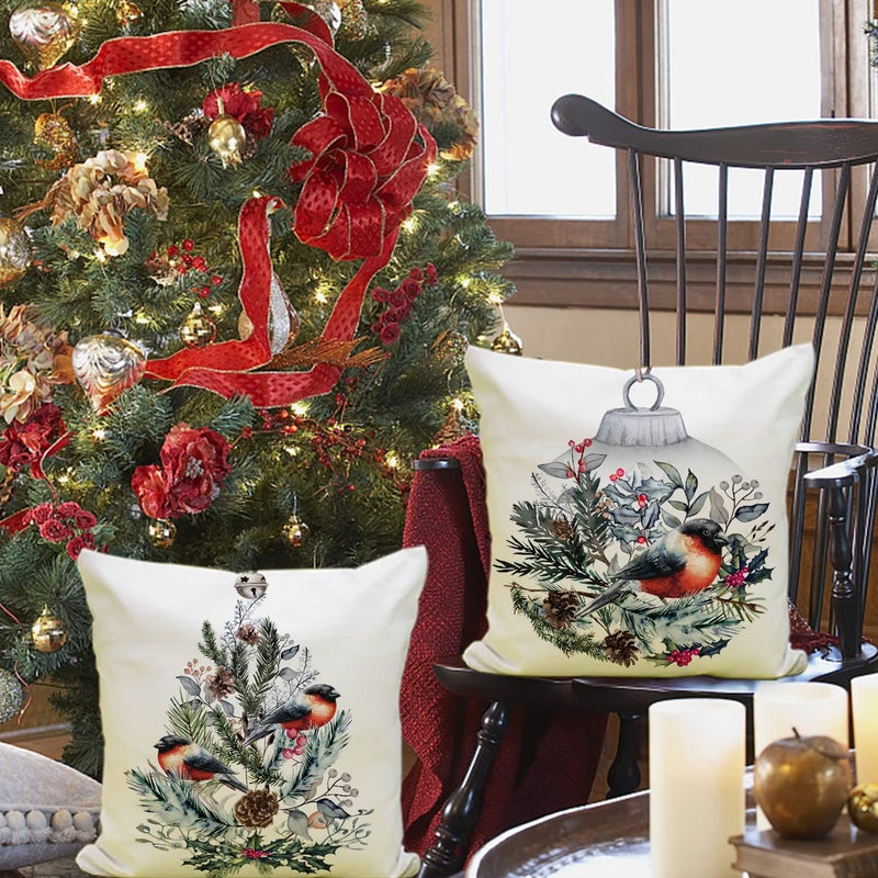 آرت ماج Artmag Christmas Decortations Covery Covery 16x16 Wreath Bird Joy to The World Merry Christmas Rustic Pillow Cover Cover Shams Cases Slipcovers مجموعة من 4 لأريكة الأريكة - Image 3