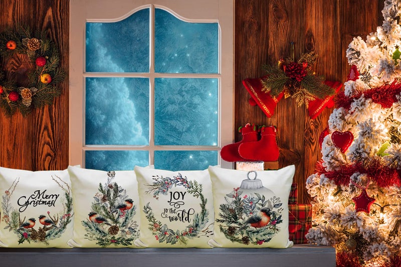 آرت ماج Artmag Christmas Decortations Covery Covery 16x16 Wreath Bird Joy to The World Merry Christmas Rustic Pillow Cover Cover Shams Cases Slipcovers مجموعة من 4 لأريكة الأريكة - Image 5