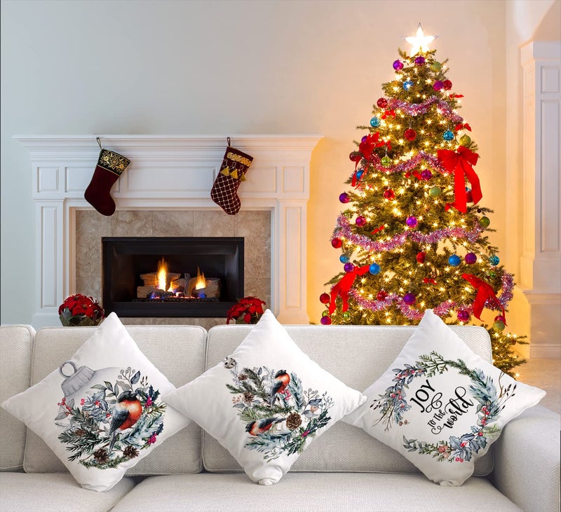 آرت ماج Artmag Christmas Decortations Covery Covery 16x16 Wreath Bird Joy to The World Merry Christmas Rustic Pillow Cover Cover Shams Cases Slipcovers مجموعة من 4 لأريكة الأريكة - Image 2