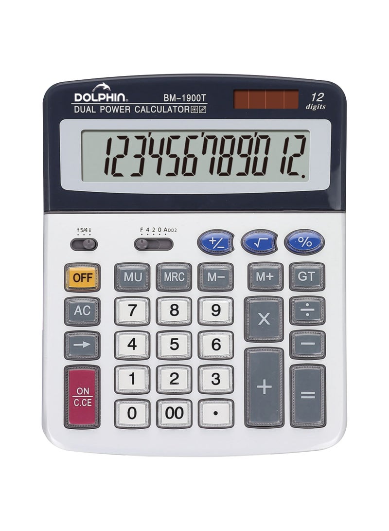 Dolphin Desktop Calculator BM-1900T, 12-Digit Large Display, Metal Panel, Dual Power - Image 1