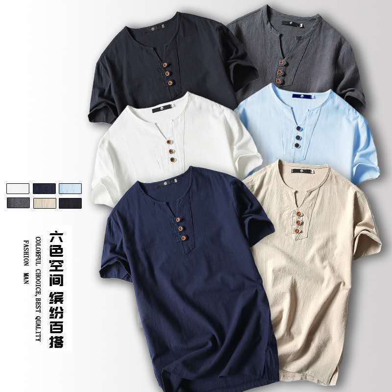 2023 Summer Linen Short-sleeved T-shirt Men''s Vintage Cotton Linen Half-sleeved Trendy Men''s Thin Linen Short-sleeved T-shirt - Image 2