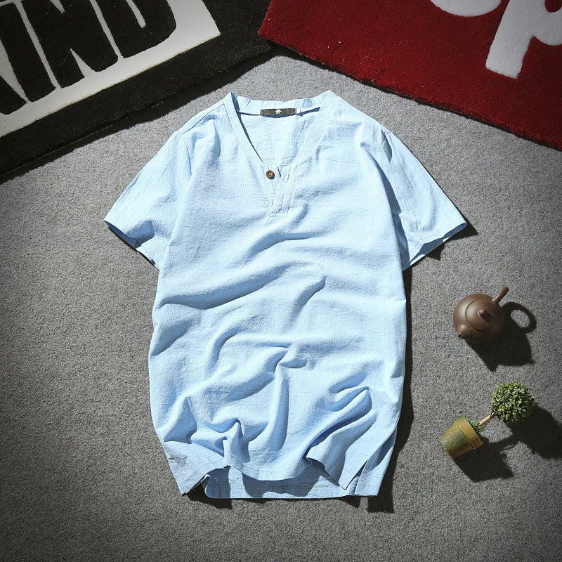 2023 Summer Linen Short-sleeved T-shirt Men''s Vintage Cotton Linen Half-sleeved Trendy Men''s Thin Linen Short-sleeved T-shirt - Image 3