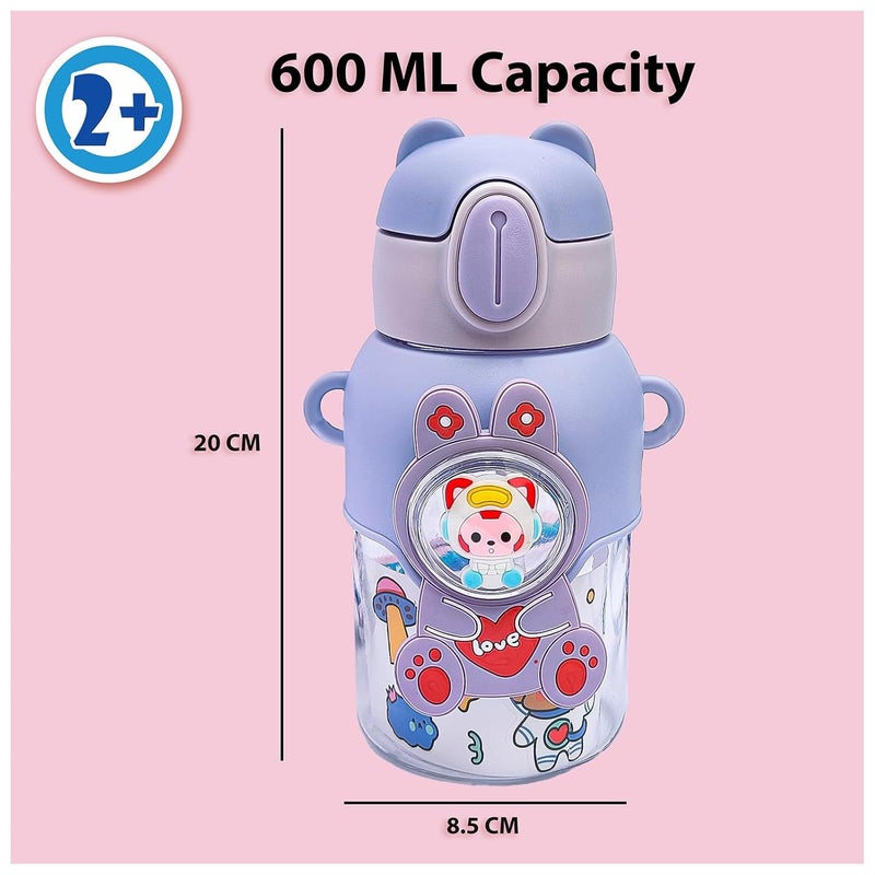 Veejet joyland 600ml Kids Sipper Water Bottle with Anti-Leak Cartoon Spacer |Spill-Proof, Durable for School,Travel, and Everyday Use with straw Drinking bottle | Gift for Birthday | Color : (Purple) - Image 3