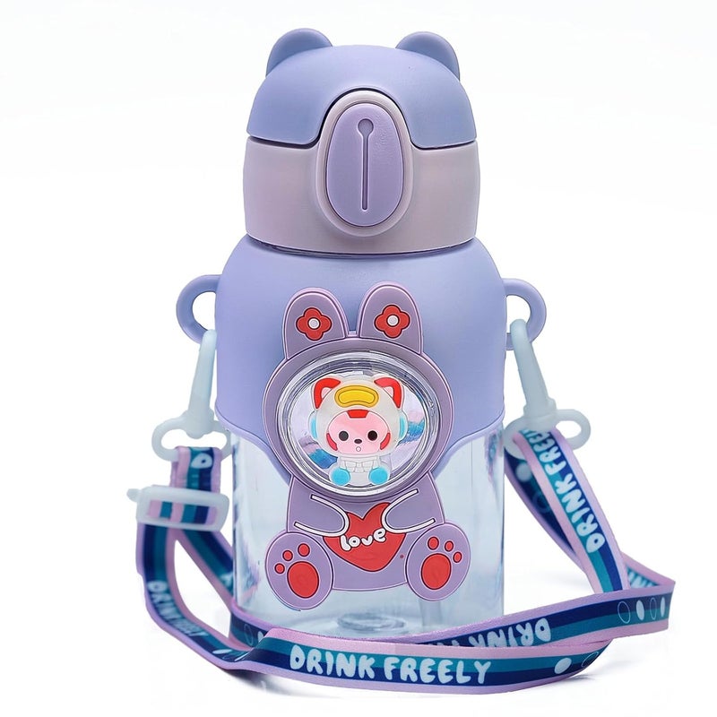Veejet joyland 600ml Kids Sipper Water Bottle with Anti-Leak Cartoon Spacer |Spill-Proof, Durable for School,Travel, and Everyday Use with straw Drinking bottle | Gift for Birthday | Color : (Purple) - Image 1