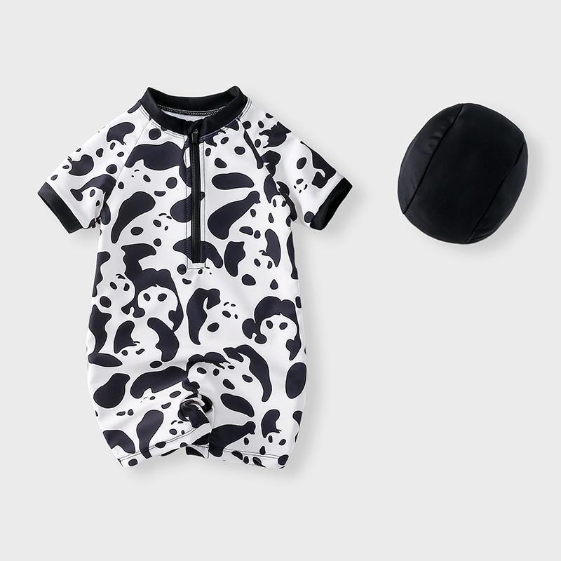 Generic Boys Swimsuit Summer Kidsrens Long-Sleeved Swimsuit Summer Boy Summer New Beach Wear Baby One-Piece Swimsuit Black and white bear conjoined, free hat