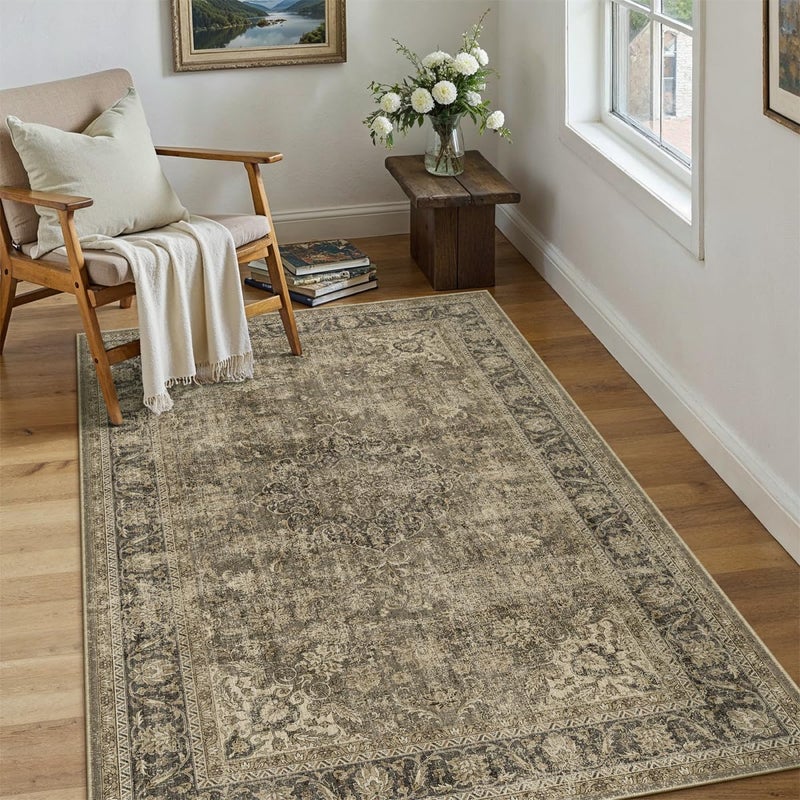 WondRg 3x4 Washable Area Rug Brown Vintage Non Slip Soft Low Pile Rug for Entryway Kitchen Bathroom Distressed Oriental Throw Carpet for Living Room Bedroom Home Decor - Image 2