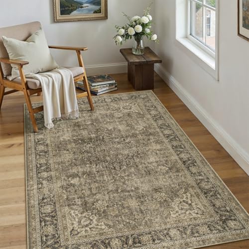 WondRg 3x4 Washable Area Rug Brown Vintage Non Slip Soft Low Pile Rug for Entryway Kitchen Bathroom Distressed Oriental Throw Carpet for Living Room Bedroom Home Decor - Image 1
