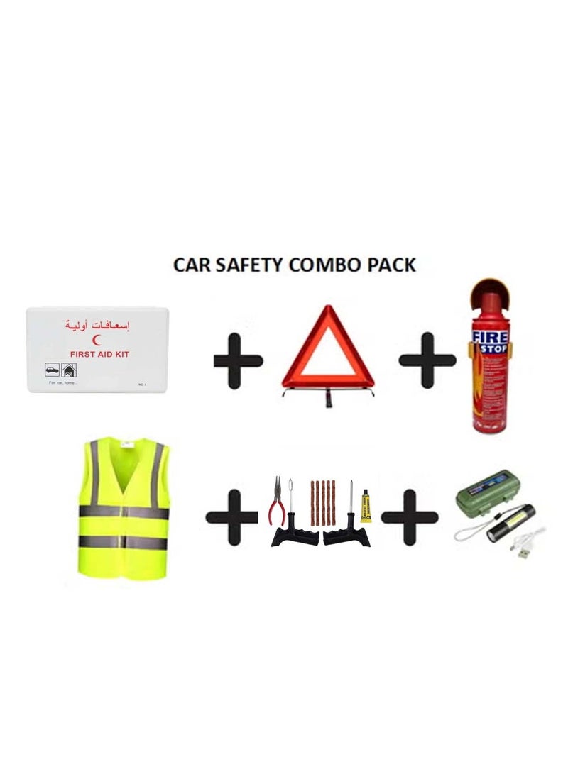 Portable Combo Car Emergency Safety Essentials, Fire Extinguisher 500ml, Road Warning Triangle Reflector,Safety Jacket, First Aid Pouch,Tyre Puncture Repair Kit and Rechargeable Mini Torch Flashlight
