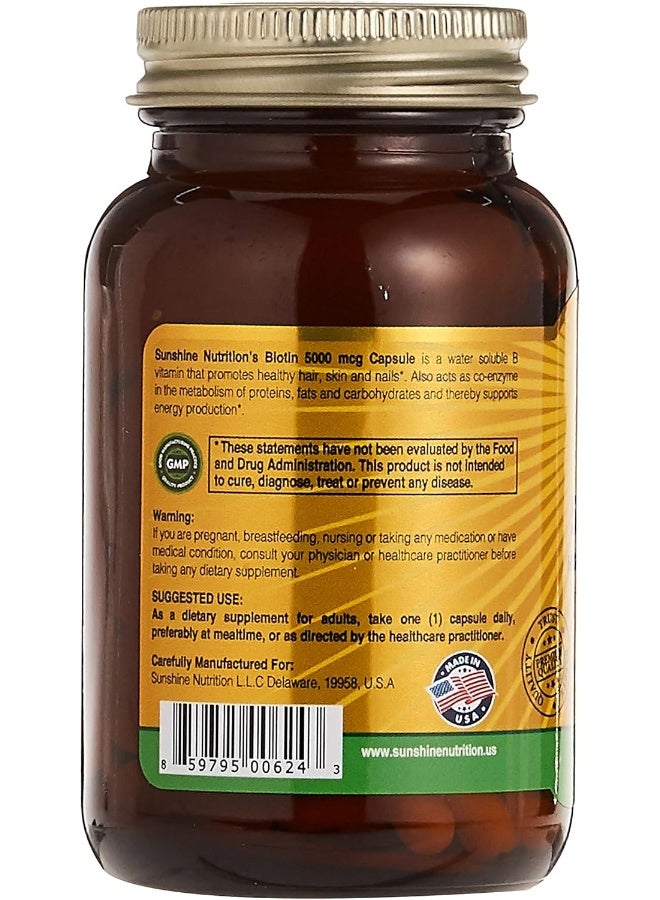 SUNSHINE NUTRITION Biotin 5000 Mcg 100 Capsules High Strength Formula Supports Healthy Skin Nails And Hair - Image 3