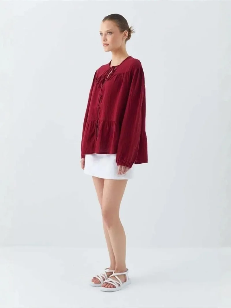 MixRay Mixray Long Sleeve Relaxed Fit Blouse with Tie-Neck