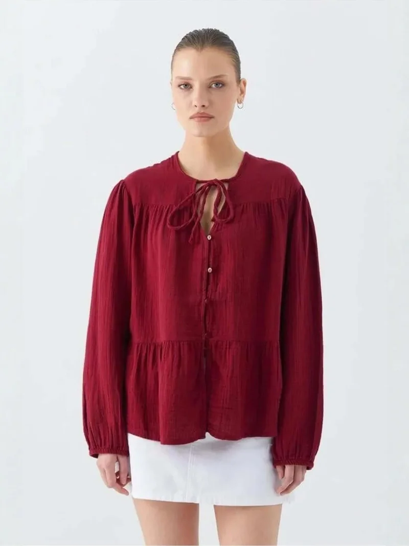 MixRay Mixray Long Sleeve Relaxed Fit Blouse with Tie-Neck