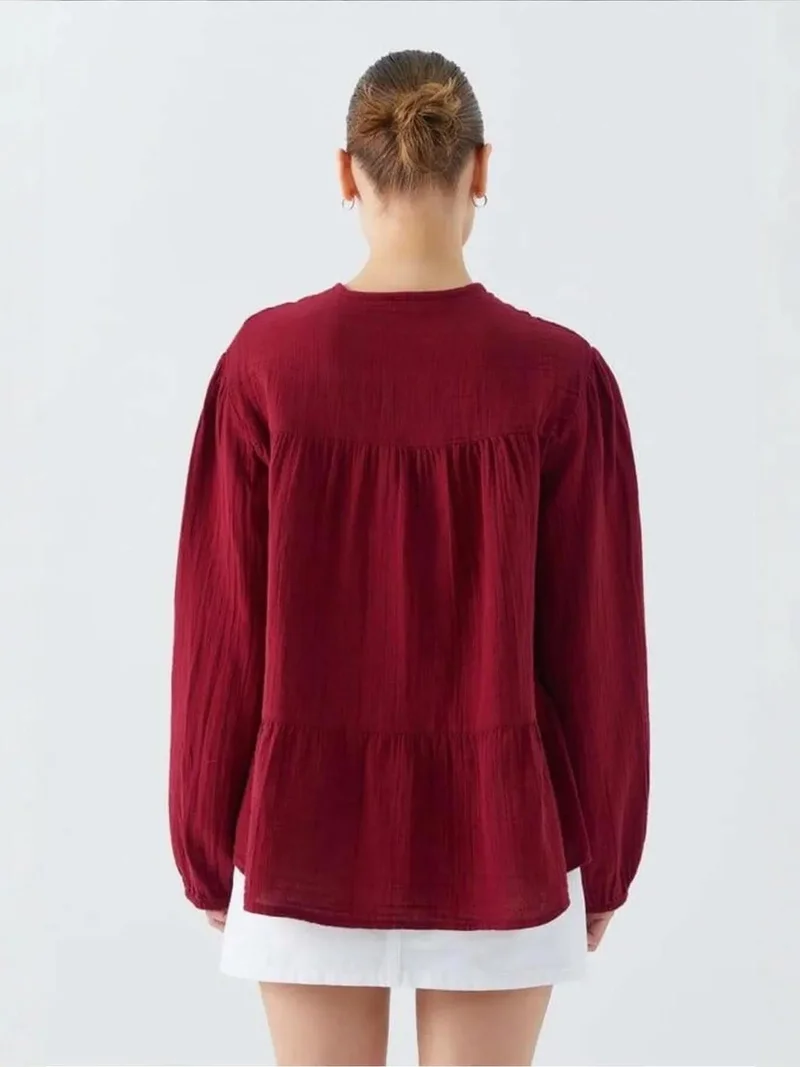 MixRay Burgundy Red Mixray Long Sleeve Relaxed Fit Blouse with Tie-Neck for Women | Best Price UAE
