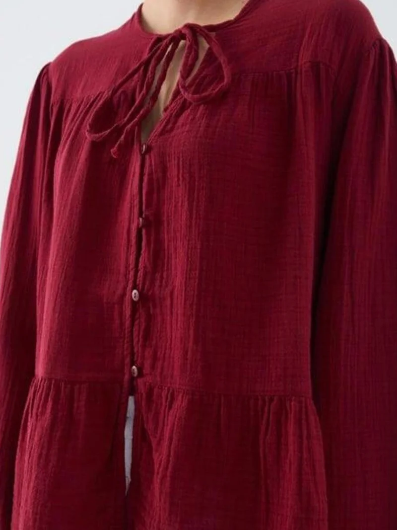 MixRay Burgundy Red Mixray Long Sleeve Relaxed Fit Blouse with Tie-Neck for Women | Best Price UAE