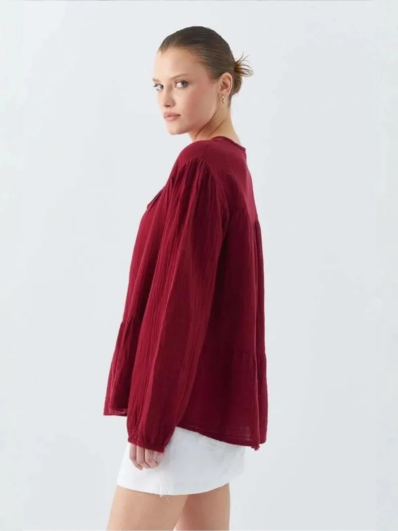 MixRay Burgundy Red Mixray Long Sleeve Relaxed Fit Blouse with Tie-Neck for Women | Best Price UAE
