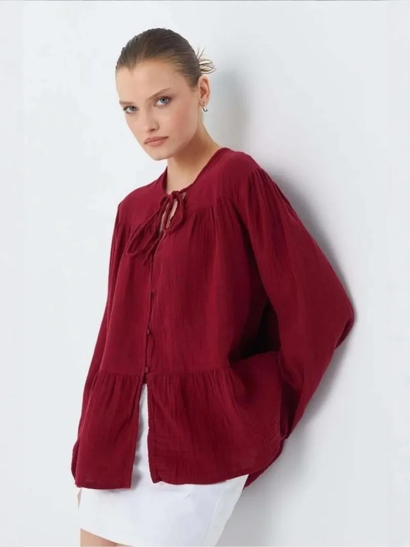 MixRay Burgundy Red Mixray Long Sleeve Relaxed Fit Blouse with Tie-Neck for Women | Best Price UAE