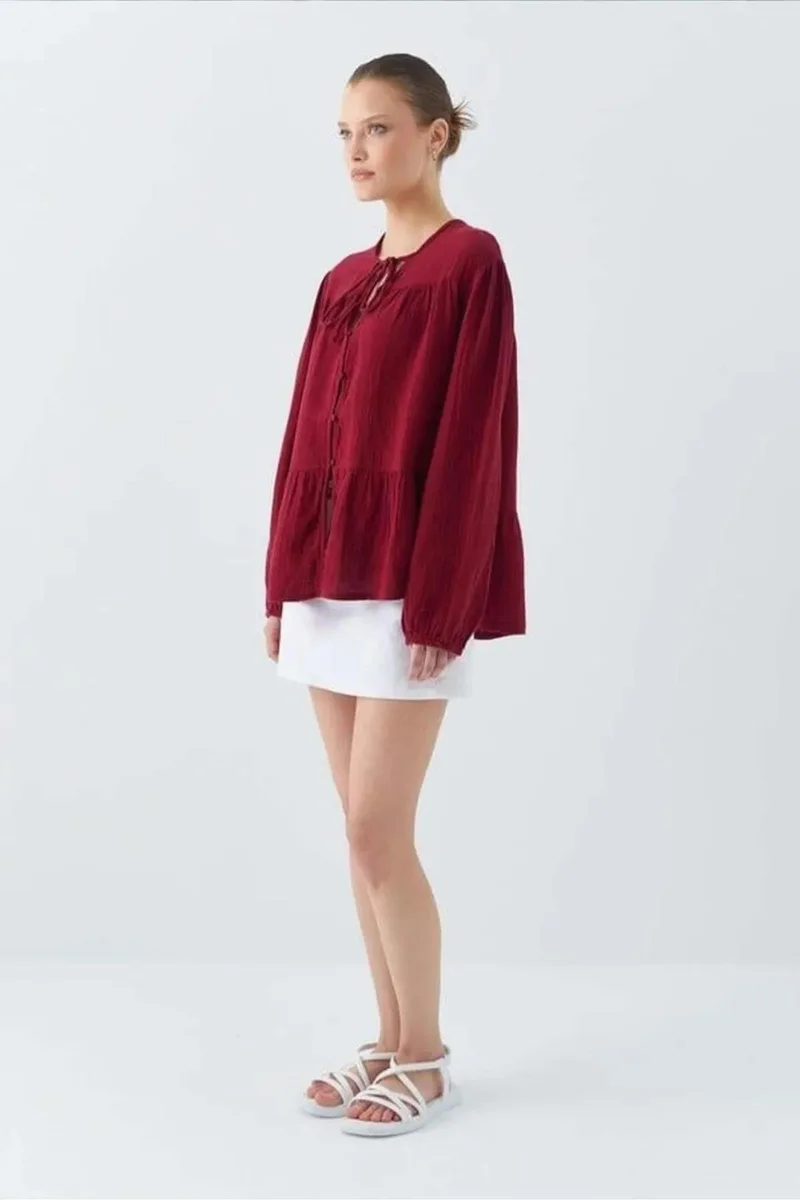 Mixray Mixray Long Sleeve Relaxed Fit Blouse with Tie-Neck