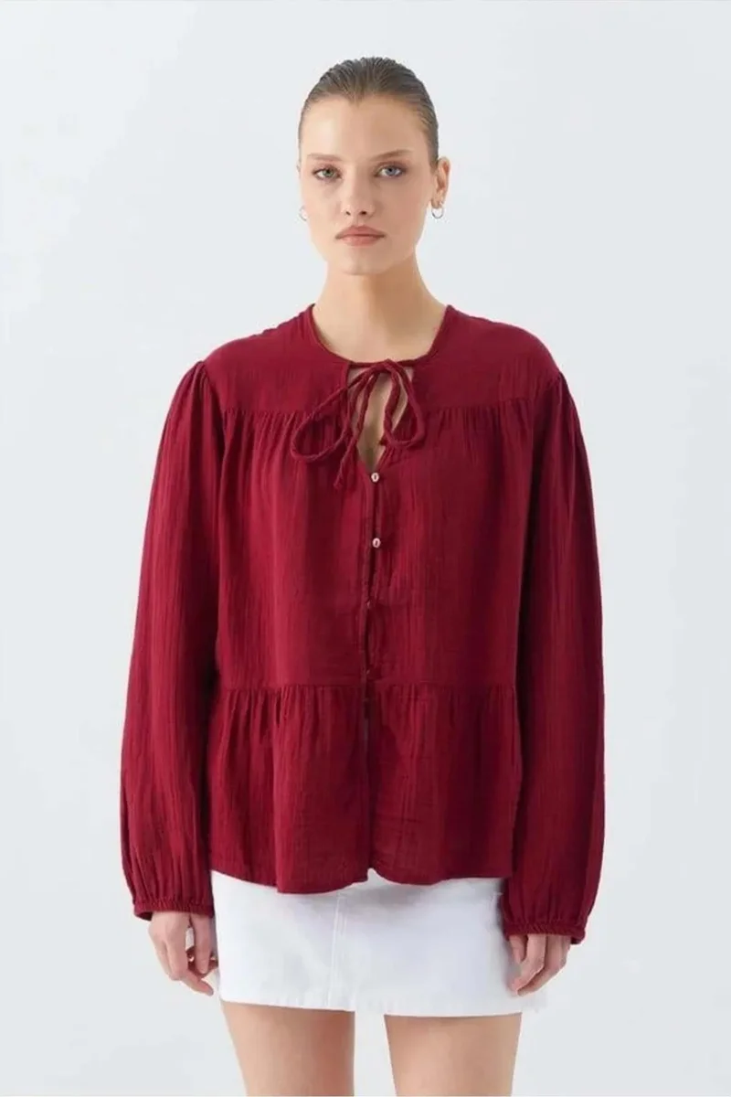 Mixray Mixray Long Sleeve Relaxed Fit Blouse with Tie-Neck