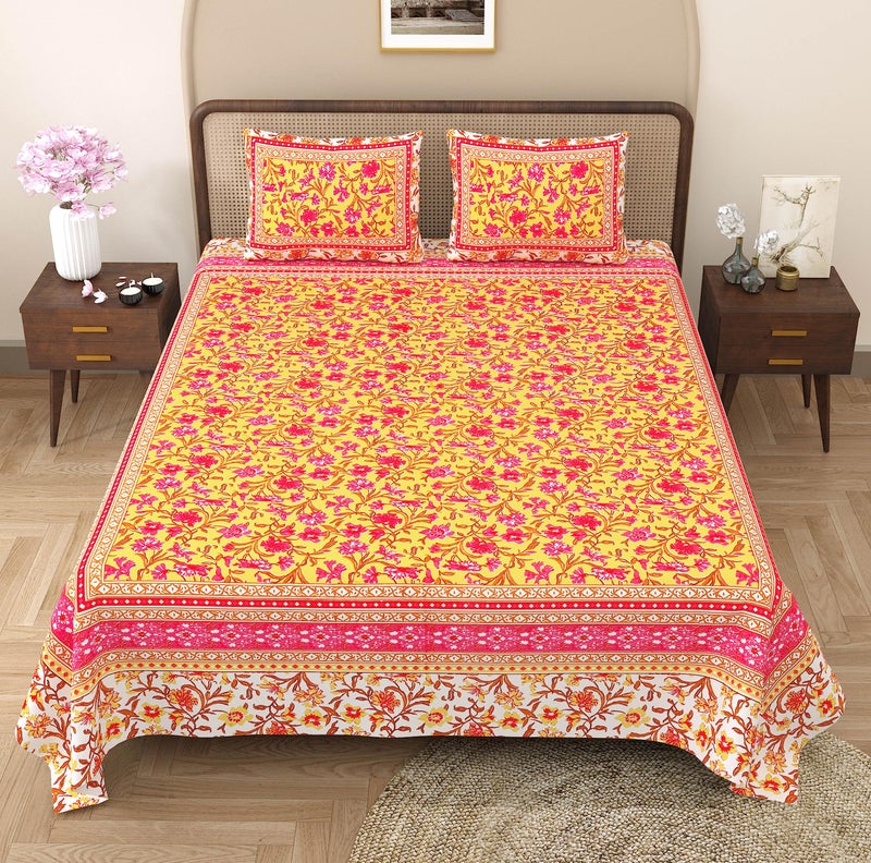 RajasthaniKart Pure Cotton 180 TC King Size BEDSHEET with 2 Pillow Cover - 90X108 (Suitable for King Size Bed Sheet or Double Bed, Yellow) PSP102 - Image 1
