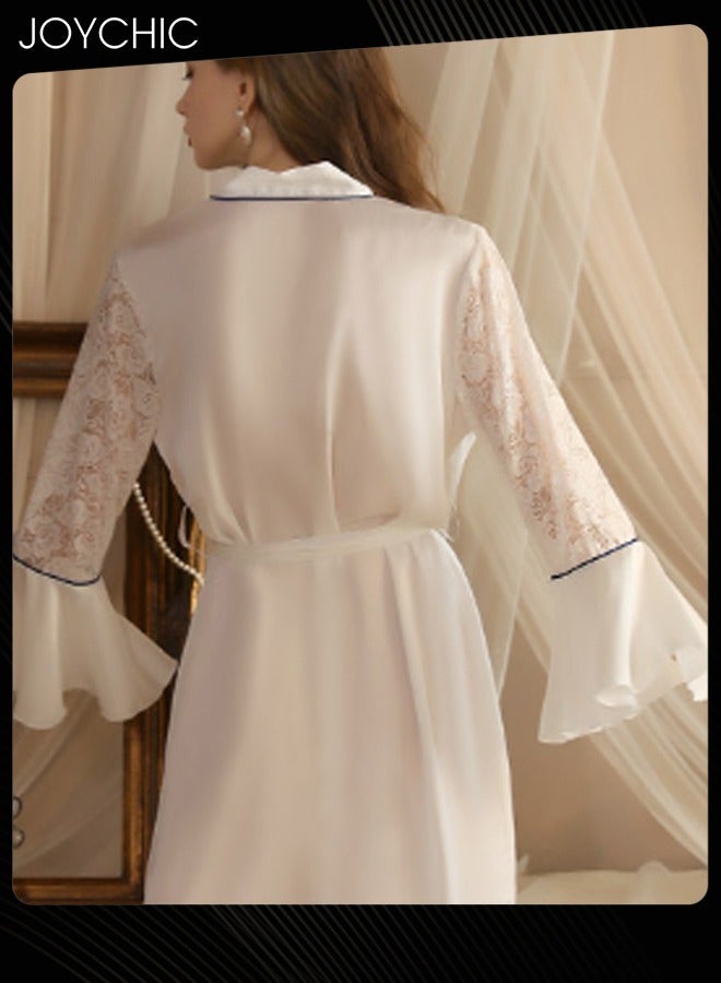 Joychic Spring Summer and Autumn Light Luxury Women Pajamas Satin Lace V Cardigan Nightgown Soft and Skin-friendly Sleep Robe with Decorative Stitching Ruffled Cuff White - Image 2