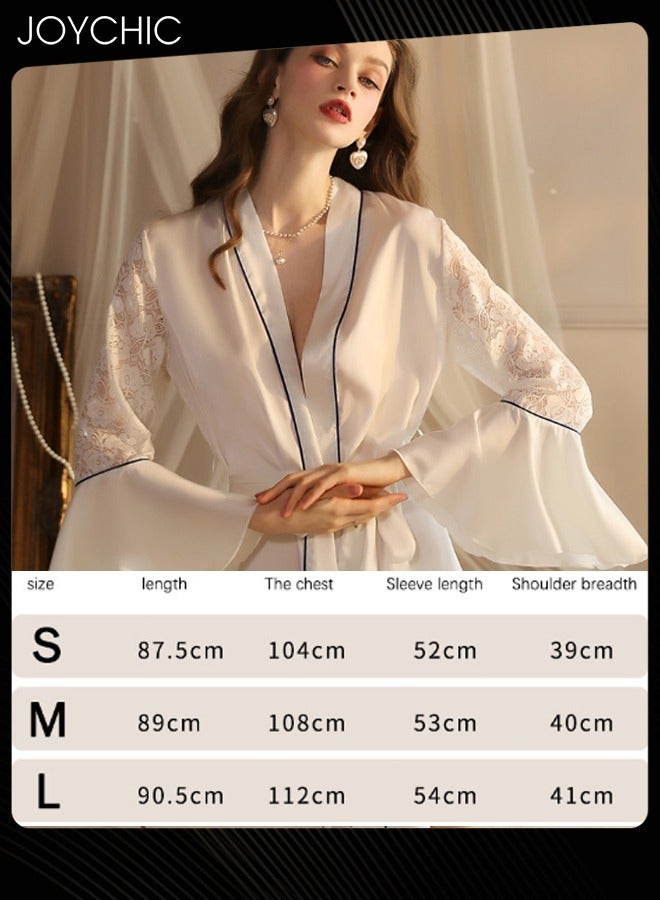Joychic Spring Summer and Autumn Light Luxury Women Pajamas Satin Lace V Cardigan Nightgown Soft and Skin-friendly Sleep Robe with Decorative Stitching Ruffled Cuff White - Image 3