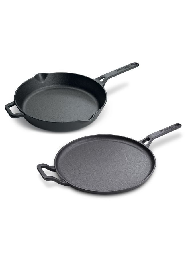 Prestige Pre-Seasoned Cast Iron Cookware Set - 28cm Flat Dosa Tawa + 26cm Fry Pan | Set Combo Offer for Kitchen | Iron Utensils for Cooking | Induction Cookware Set, Black, PR49081 - Image 1