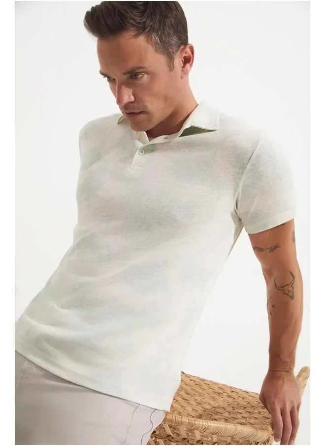 JUNE June Men Linen Looked Patterned Neck T-Shirt Green