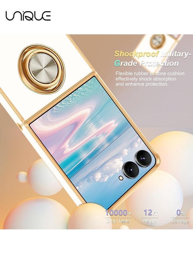 Unique For Samsung Galaxy Z Flip 7 Case [with 360° Rotatable Ring Holder][Support Magnetic Car Mount] - Shiny Gold Plated Thin Shockproof Soft TPU Case for Galaxy Z Flip 7 - White - Image 2