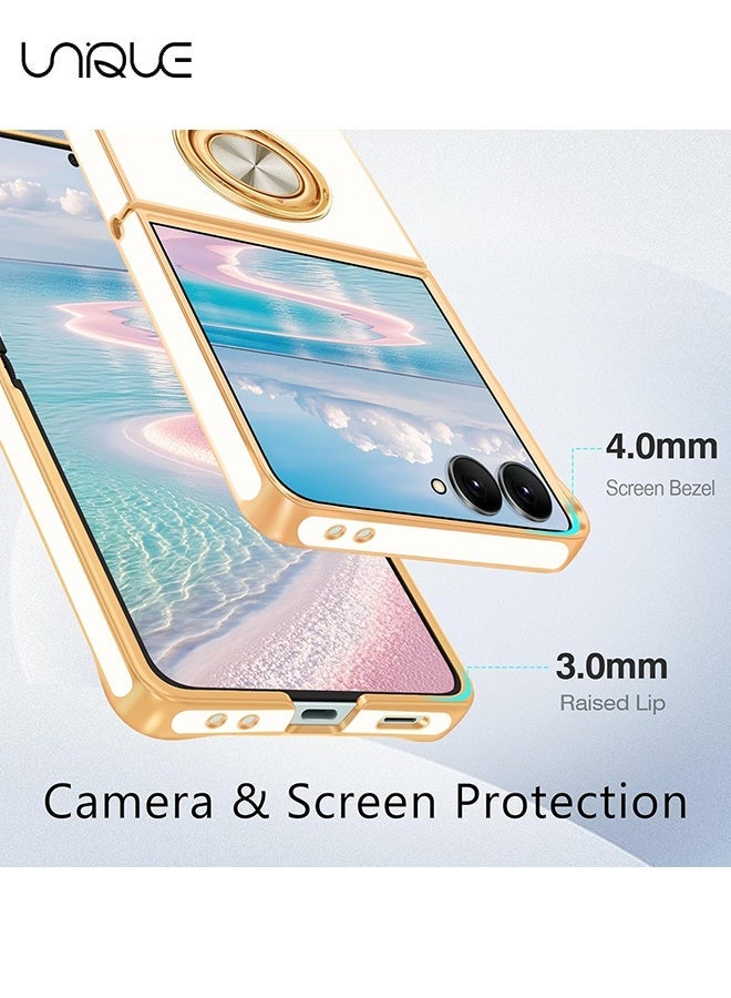 Unique For Samsung Galaxy Z Flip 7 Case [with 360° Rotatable Ring Holder][Support Magnetic Car Mount] - Shiny Gold Plated Thin Shockproof Soft TPU Case for Galaxy Z Flip 7 - White - Image 3