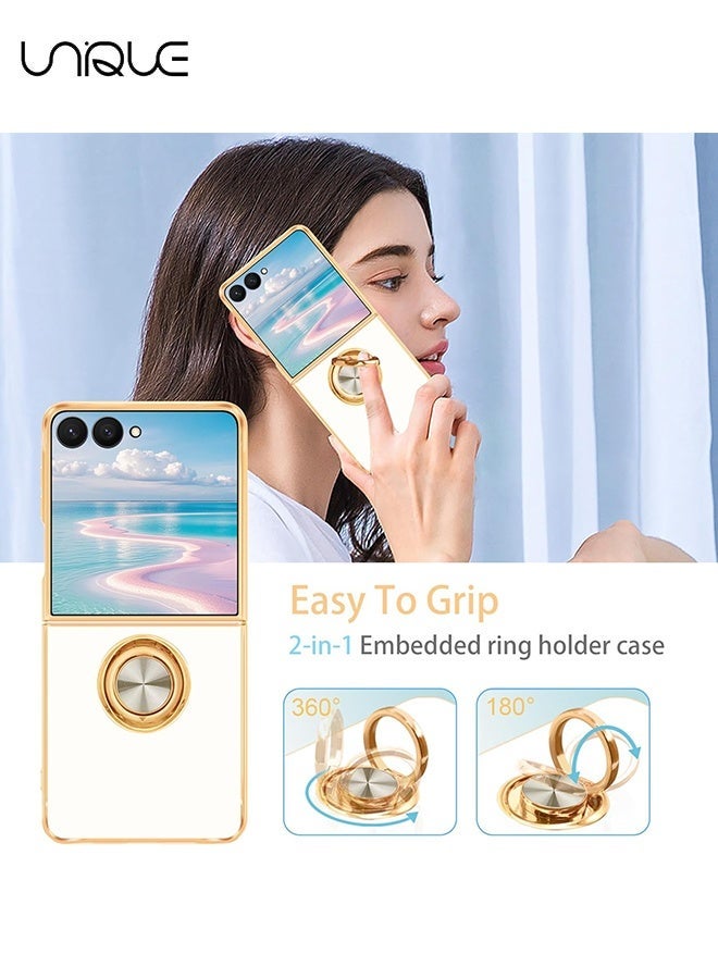 Unique For Samsung Galaxy Z Flip 7 Case [with 360° Rotatable Ring Holder][Support Magnetic Car Mount] - Shiny Gold Plated Thin Shockproof Soft TPU Case for Galaxy Z Flip 7 - White - Image 4